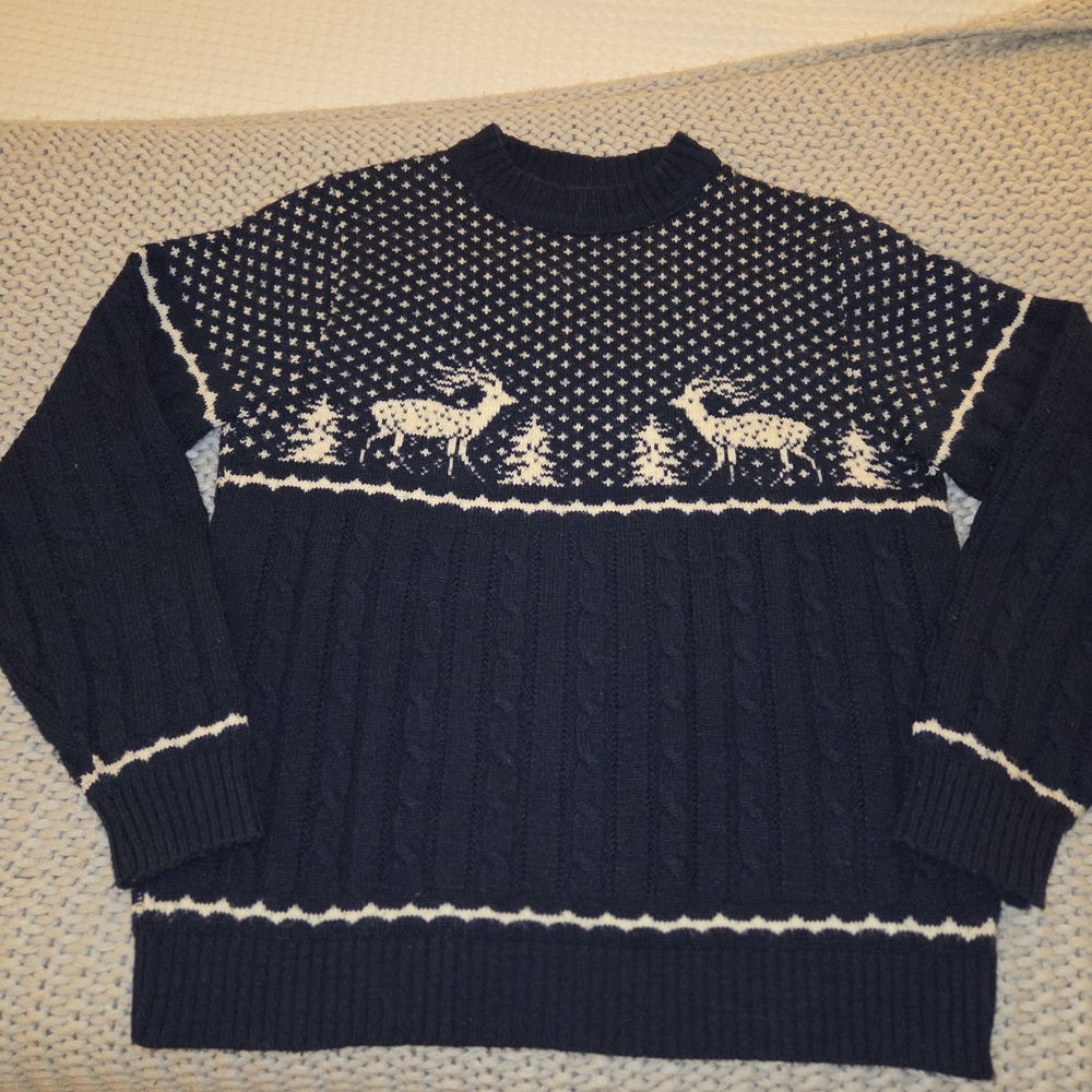VTG 70s Jantzen Mens Wool Fair Isle Ski Sweater Winter Snow Nordic Size L Navy